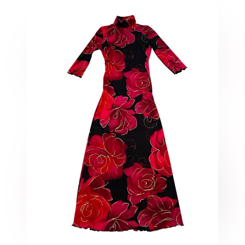 Vintage 90s Mesh Red Black Floral Metallic Dress Y2K Goth Size Small